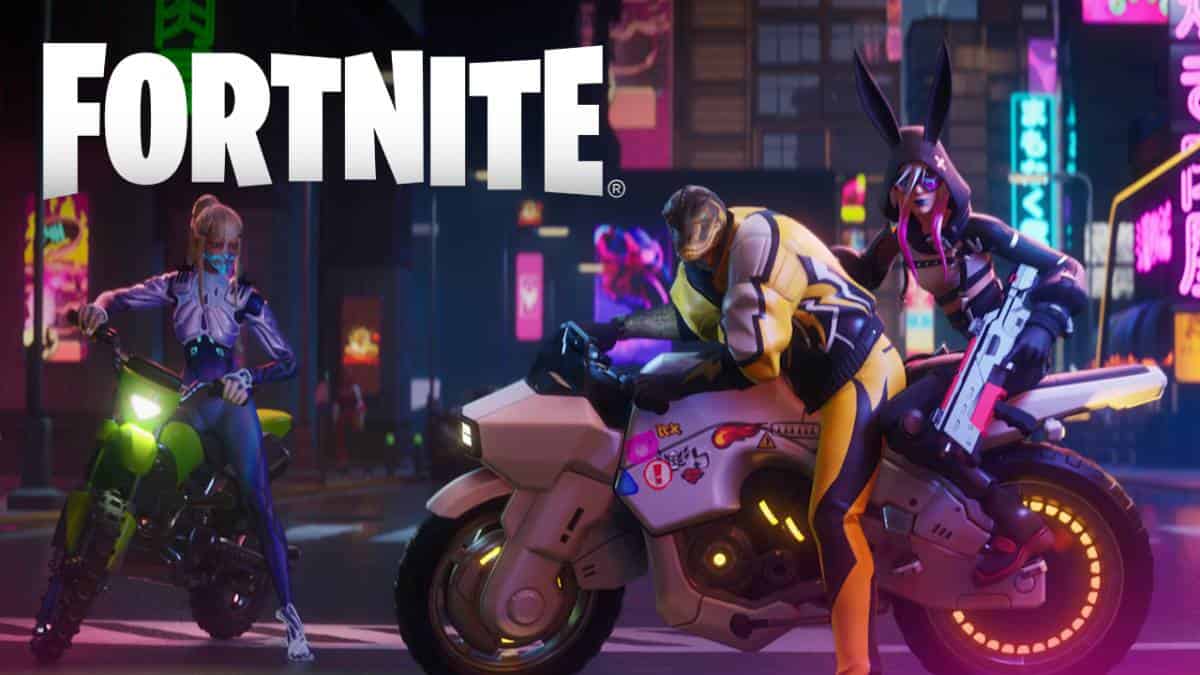 Three Fortnite characters stationed on bikes by the game's title.