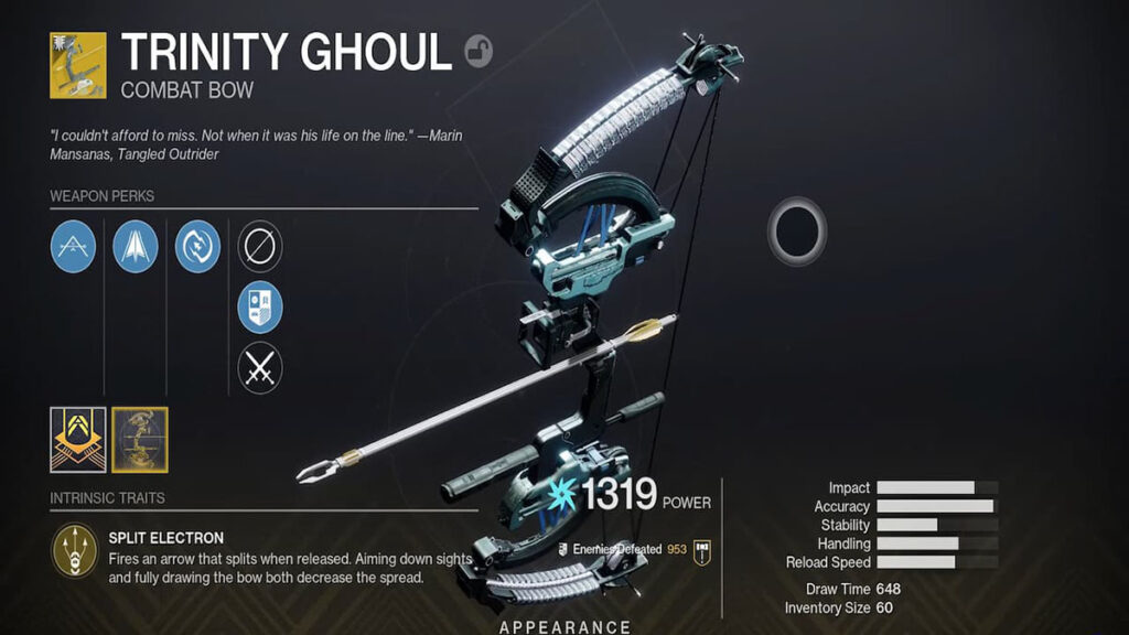 Image of the Trinity Ghoul weapon in Destiny 2, an exotic bow that can chain lightning between enemies and devastate large groups.