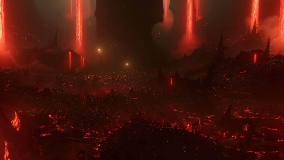 Promotional image of the game Diablo 4 depicting a fiery and ominous landscape of Hell, with towering mountains of bones, lava pits, and demonic structures in the distance.