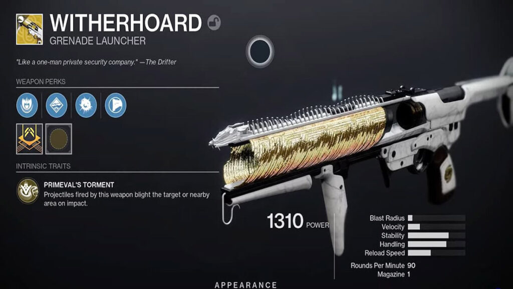 Image of the Witherhoard weapon in Destiny 2, a unique exotic grenade launcher that leaves deadly traps for enemies.