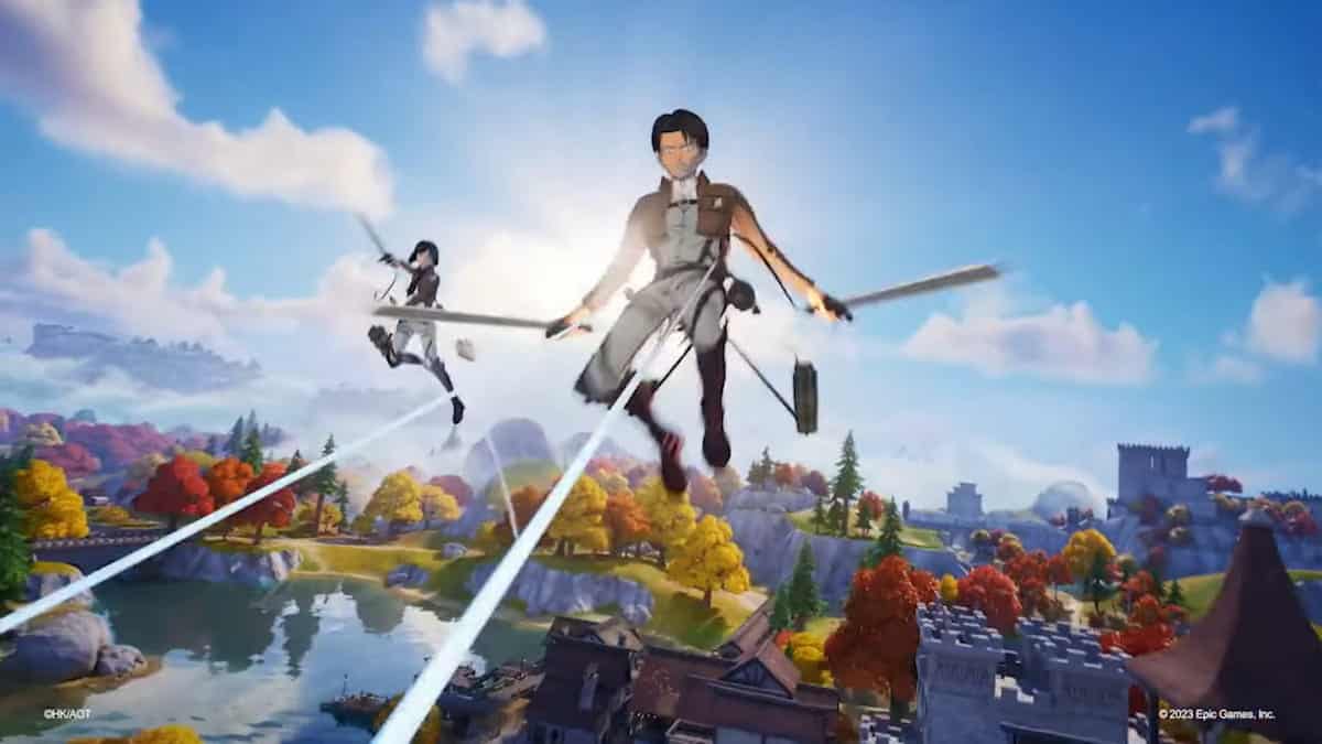 A image of Mikasa and Levi Ackerman from Attack on Titan using the propelled gear to fly in the sky, in the Fortnite engine, with the Fortnite Collab with Attack on Titan