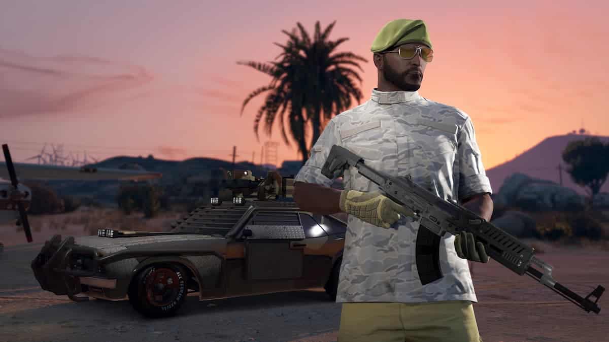 A GTA Character holding a weapon and looking to the side.