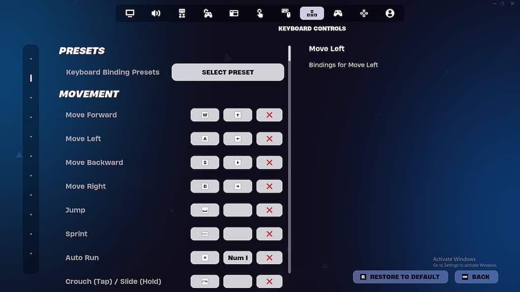 Fortnite image of keyboard keybindings in the game