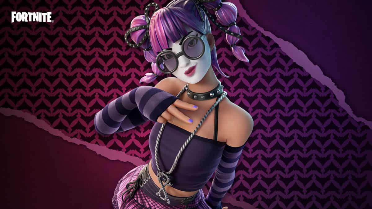 A goth Fortnite character poses beneath the Fortnite logo