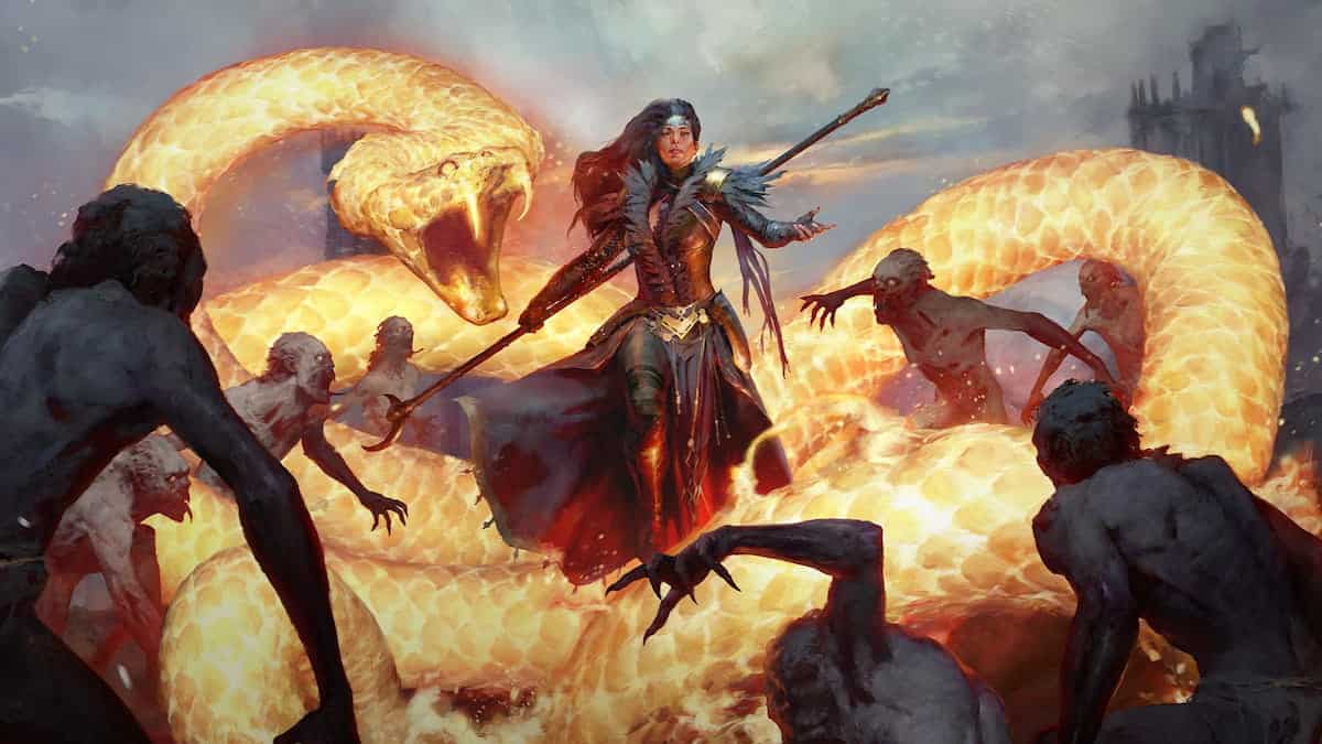 A sorcerer fighting back a wave of undead in Diablo 4.