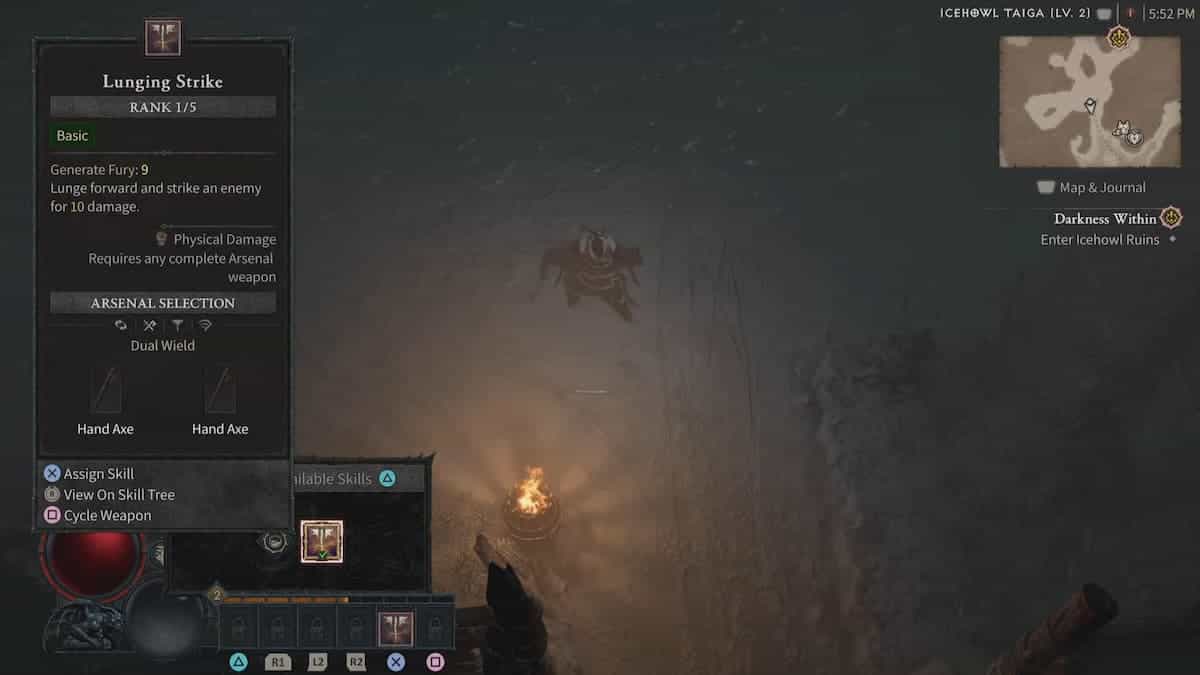 A screenshot from Diablo 4 showing how to switch weapons when playing as a Barbarian