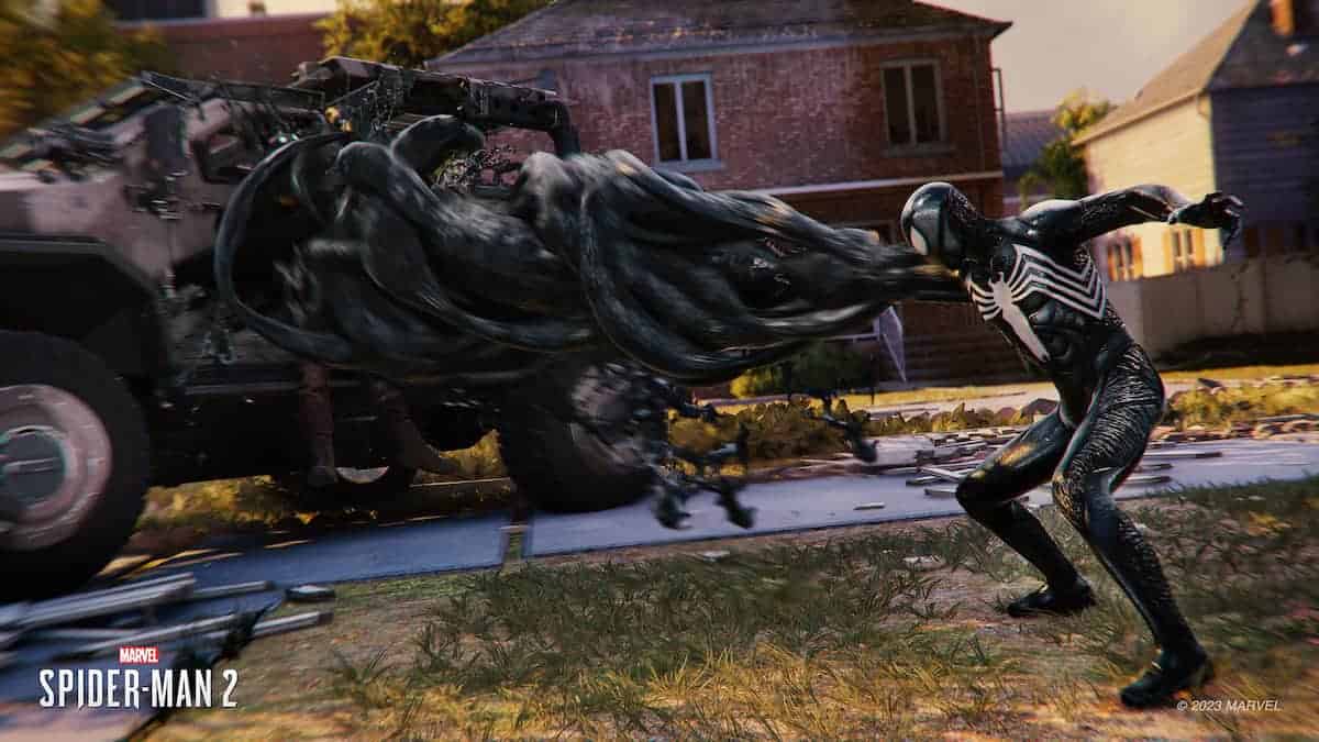 A screenshot of Spider-Man 2 of Symbiote Suit destroying a car