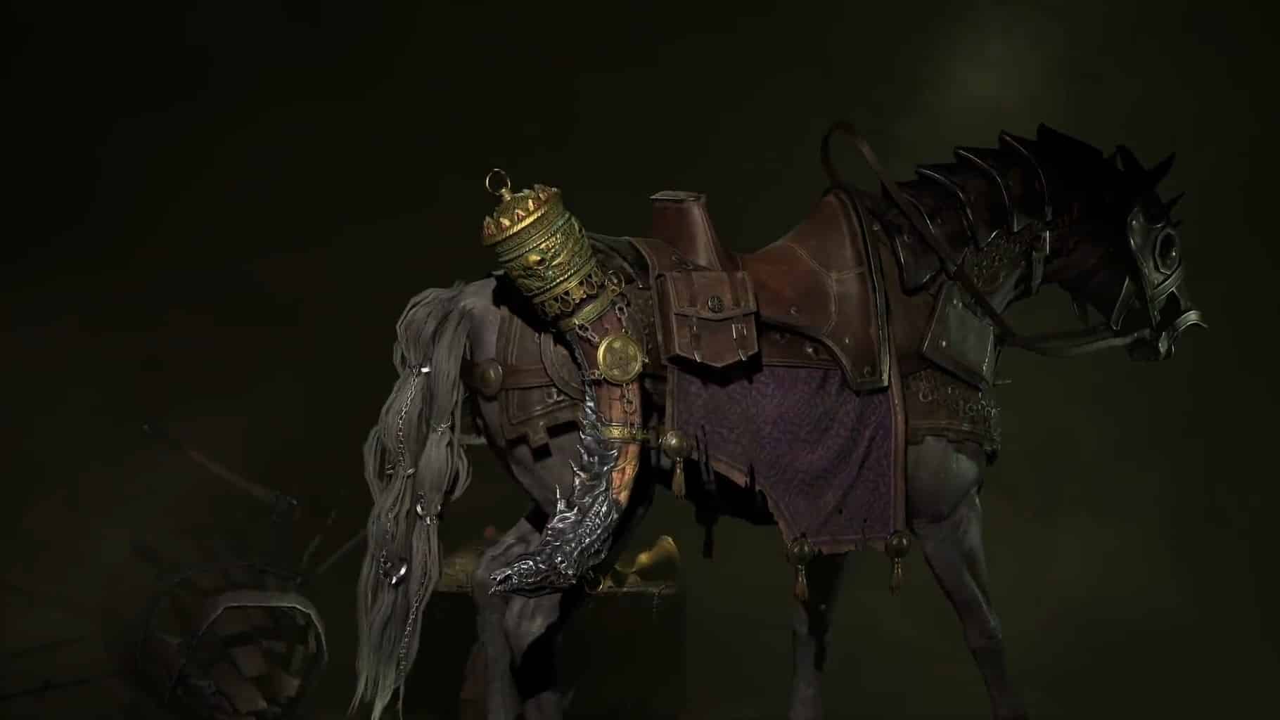 A horse in Diablo 4 walking near materials