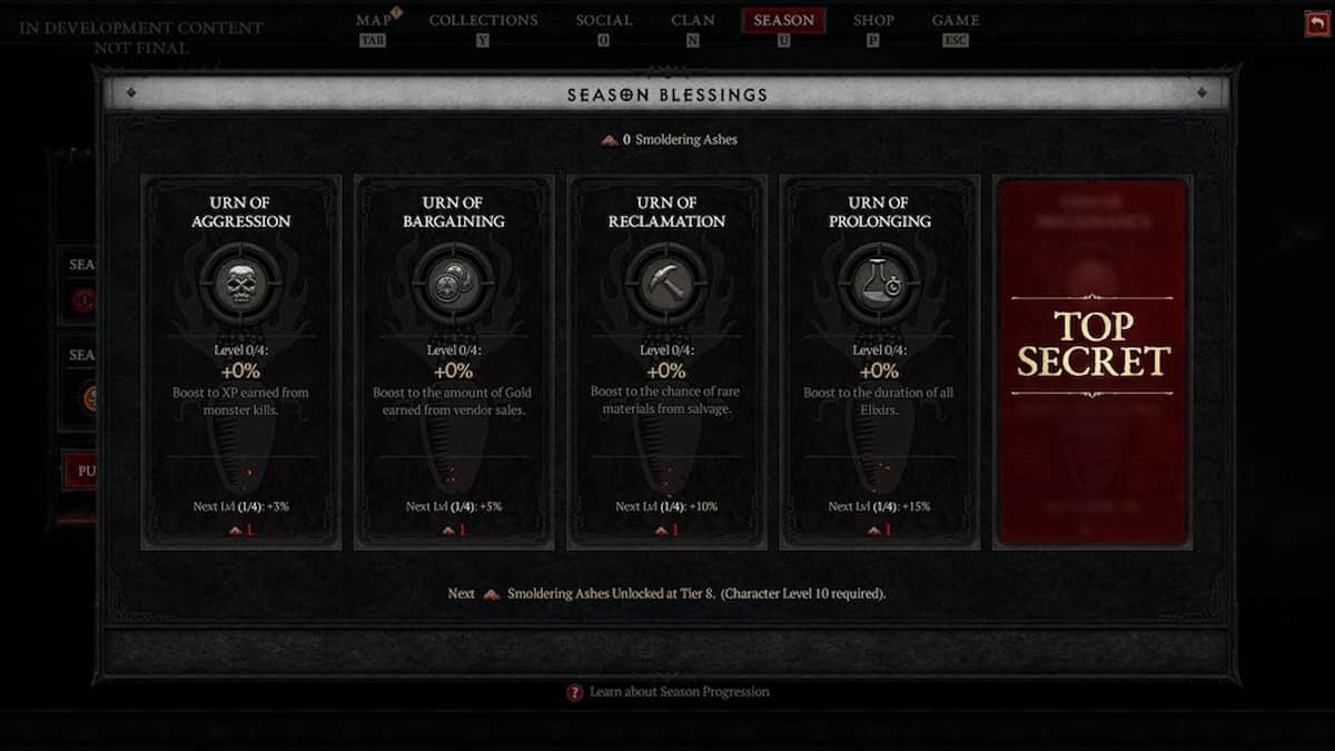 The seasonal blessing rewards that players can earn by using Smoldering Ashes in Diablo 4.