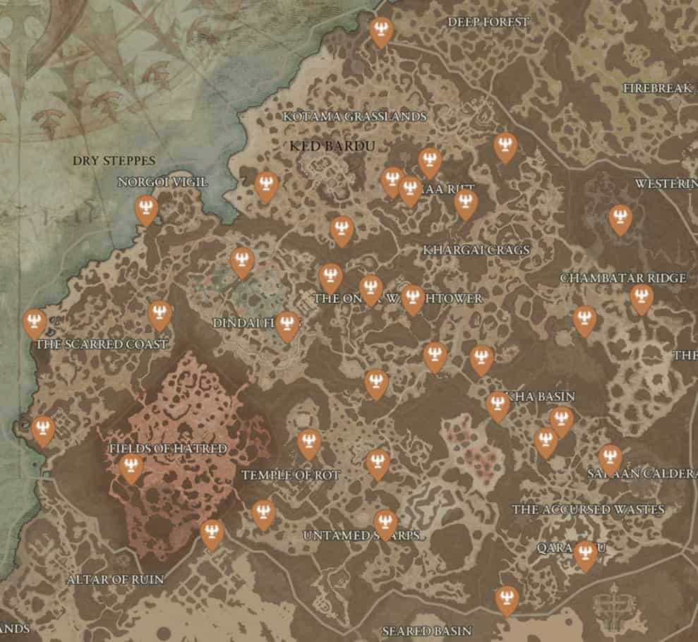 Diablo 4 Map of Altars of Lilith in Dry Steppes