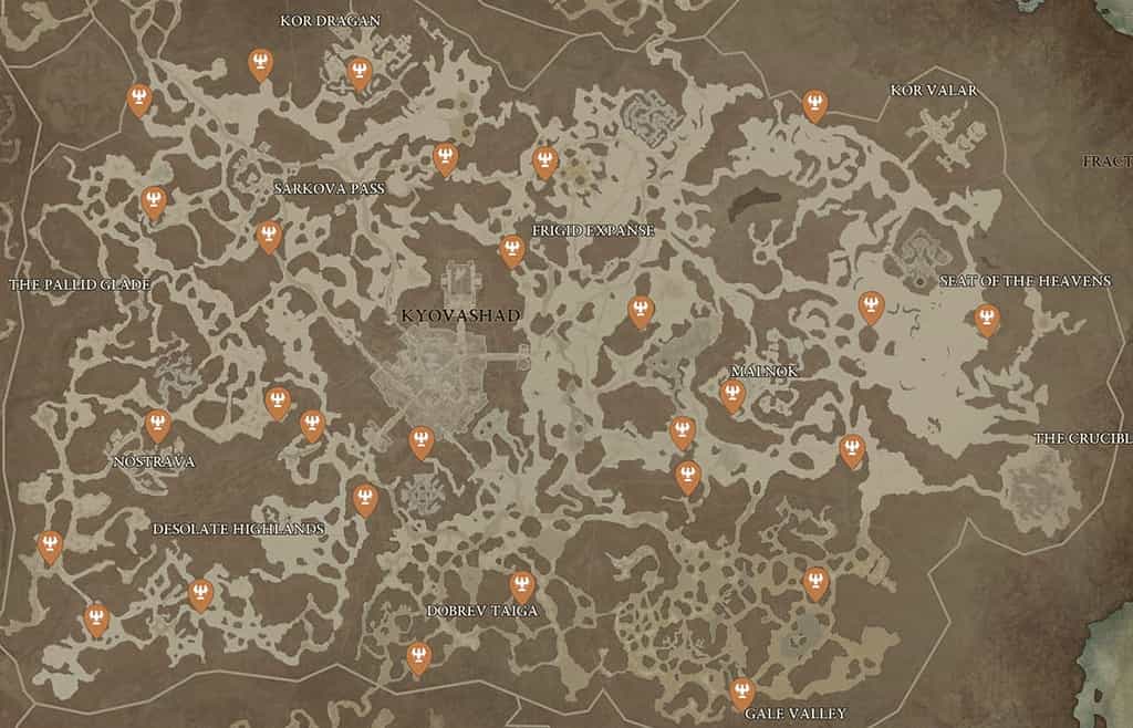 Diablo 4 Map of Altars of Lilith in Fractured Peaks