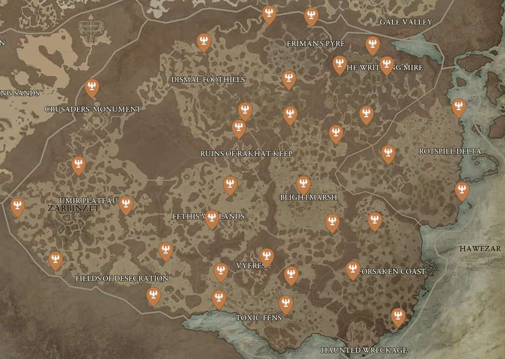 Diablo 4 Map of Altars of Lilith in Hawezar