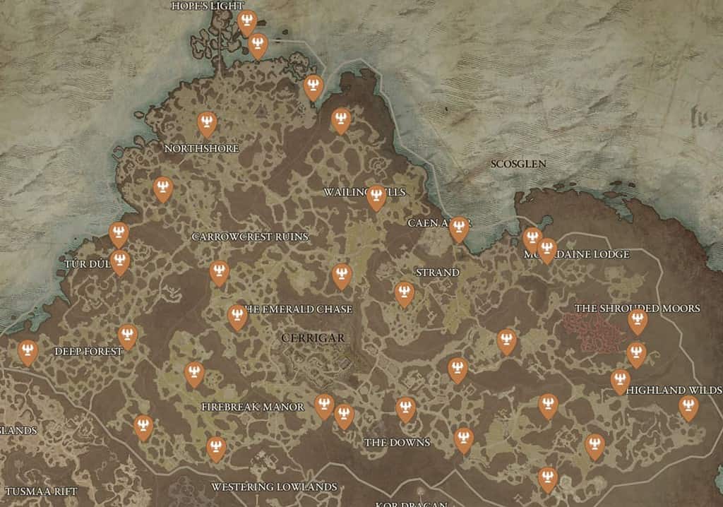 Diablo 4 Map of Altars of Lilith in Scosglen