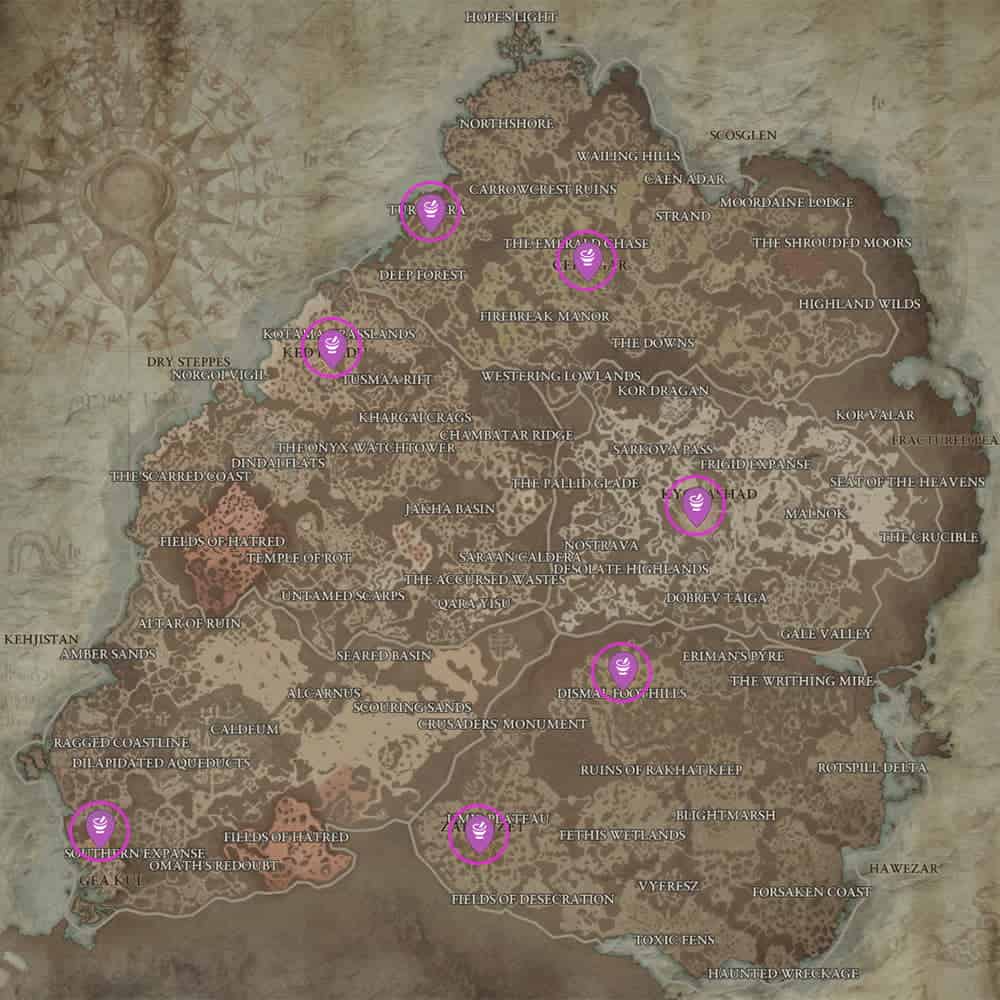 Map showing locations of all Alchemist NPCs in Diablo 4.