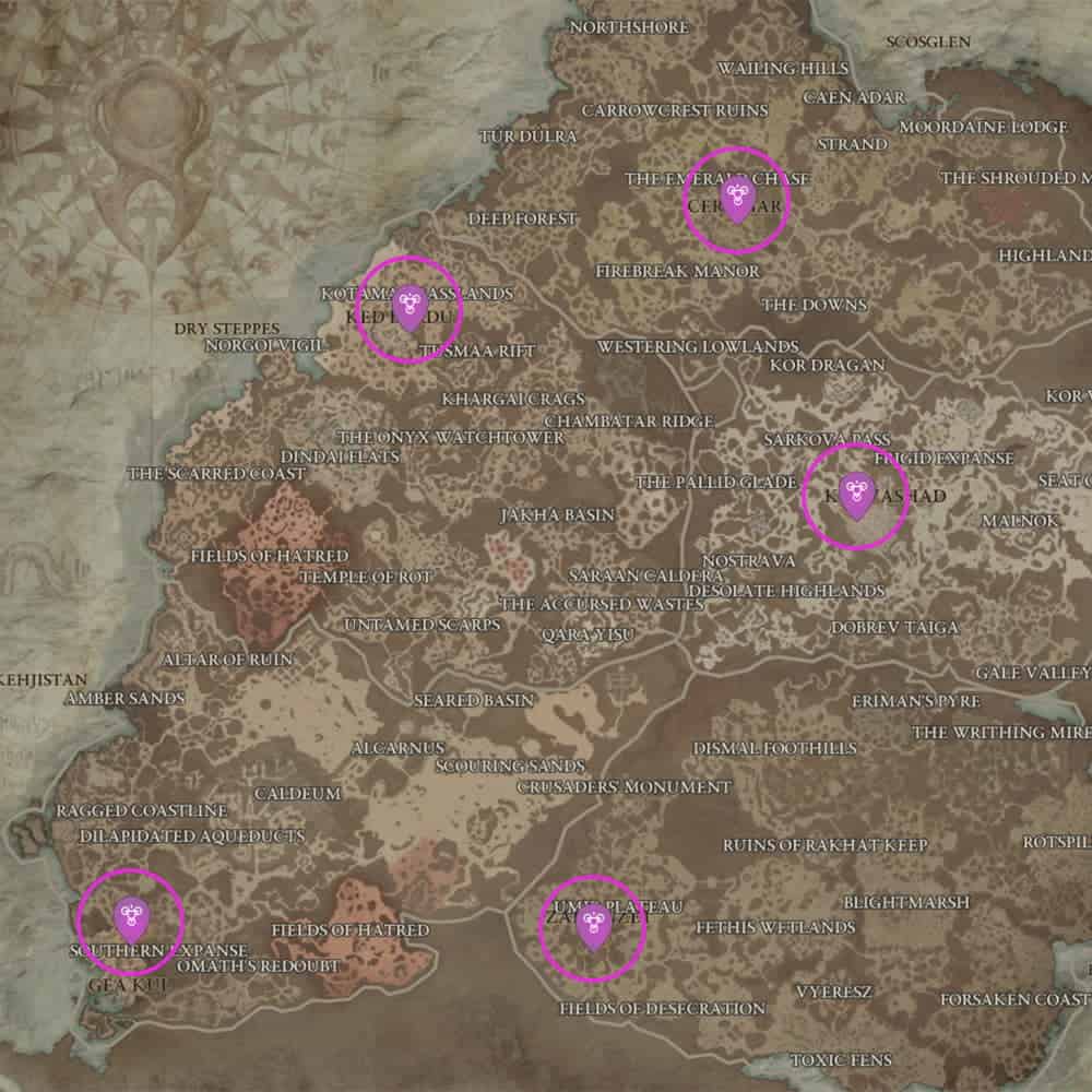 Map showing locations of all Occultist NPCs in Diablo 4.