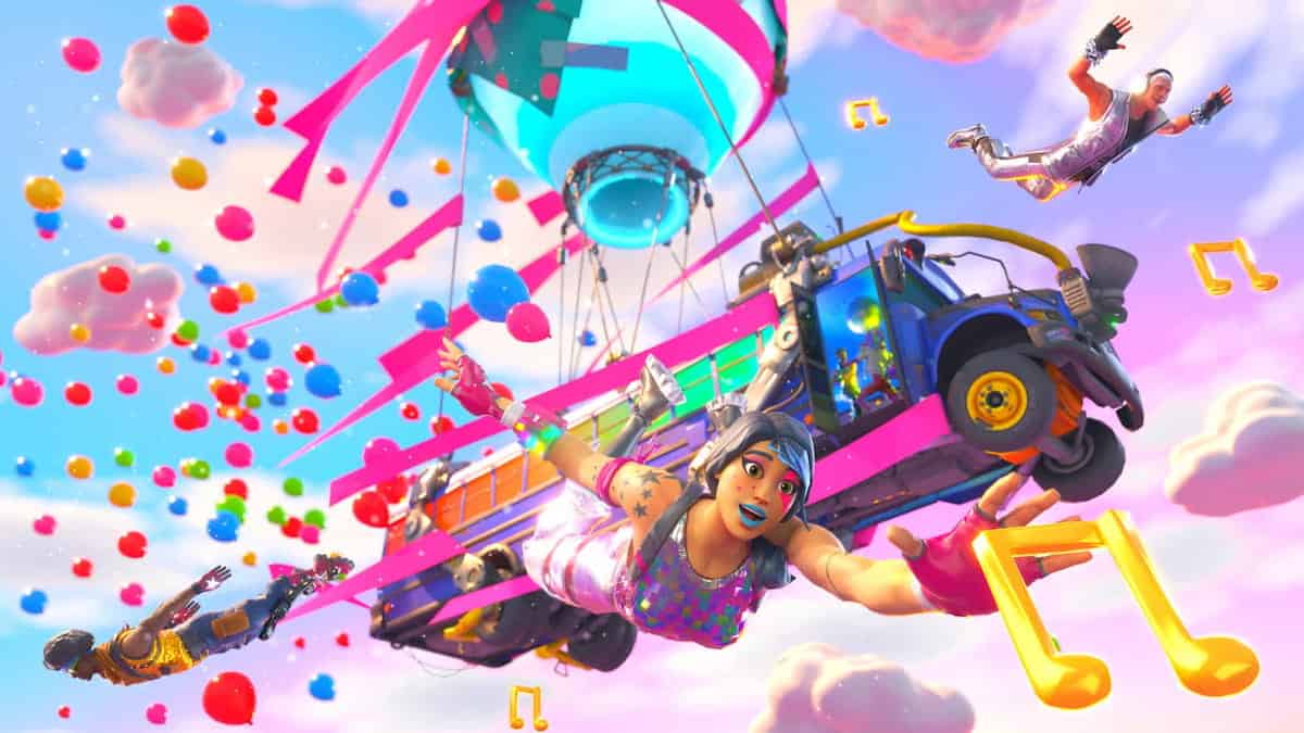 Image of Fortnite characters jumping out of the Battle bus in celebration.