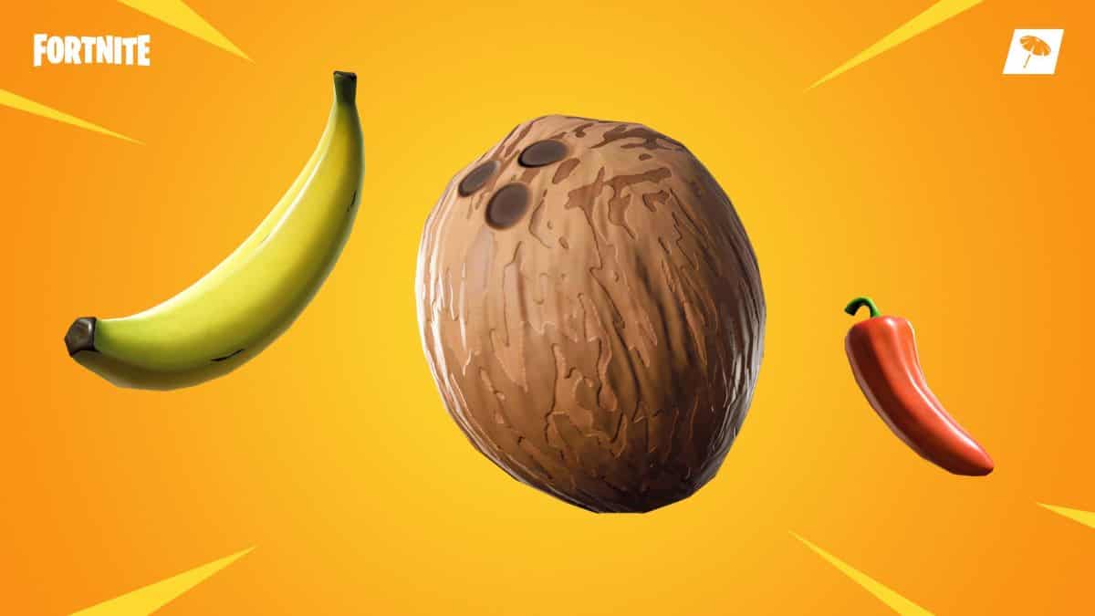 Banana, coconut, and pepper against an orange background in Fortnite