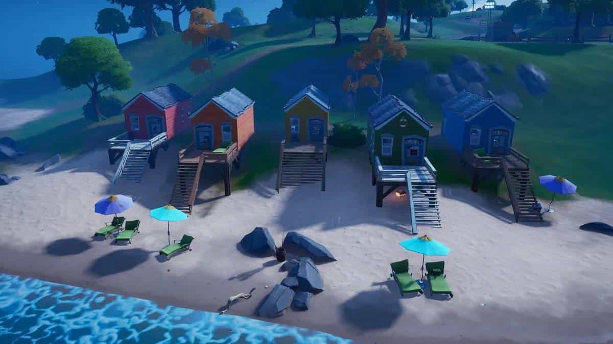 Rainbow Rentals beachside location at night in Fortnite