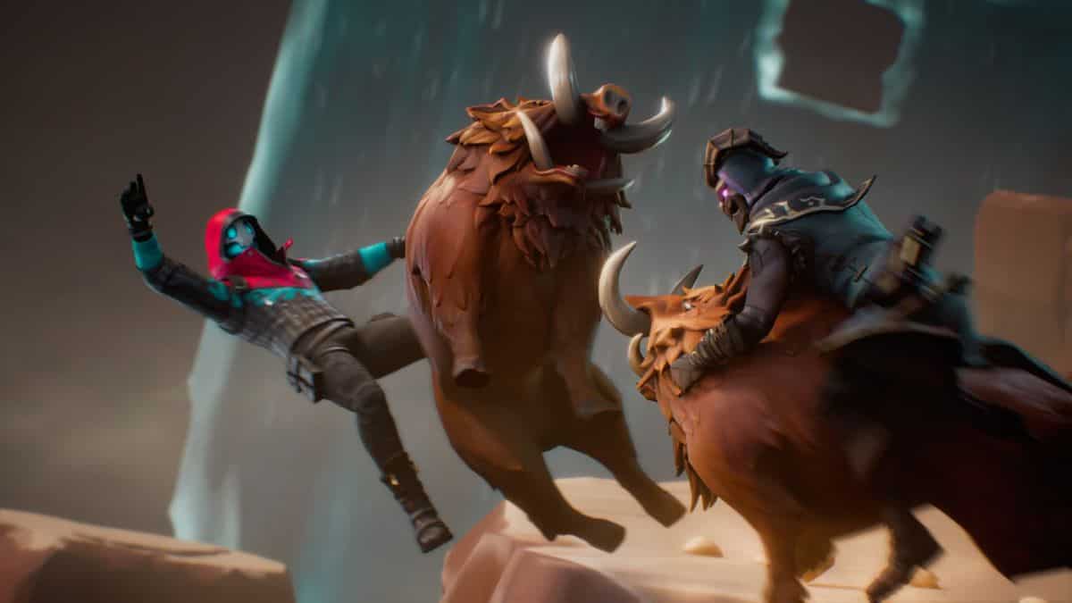 Two Fortnite characters fight while riding boars