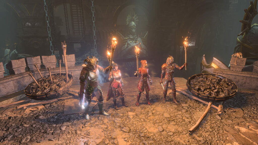 Image of the character party using torches in the Underdark in Baldur's Gate 3.