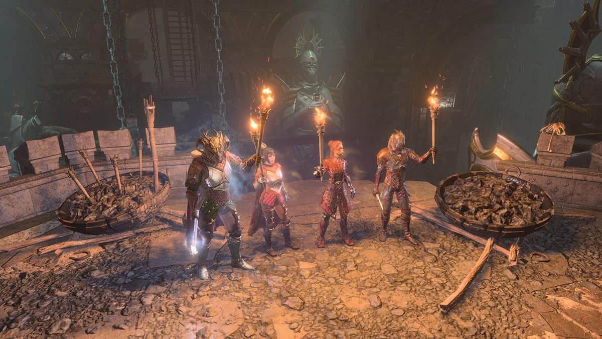 Image of the character party using torches in the Underdark in Baldur's Gate 3.