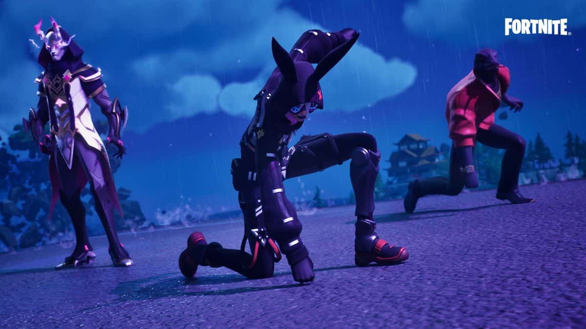 Three Fortnite characters in the rain