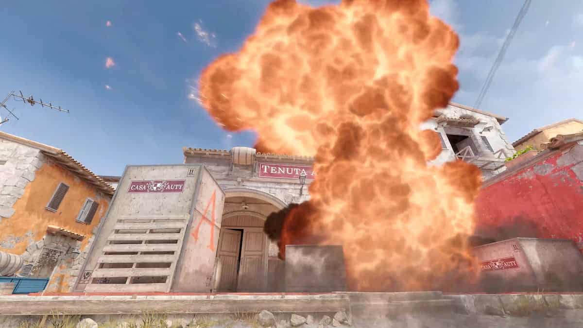 Image of the explosion on the Inferno map in Counter-Strike 2 (CS2).