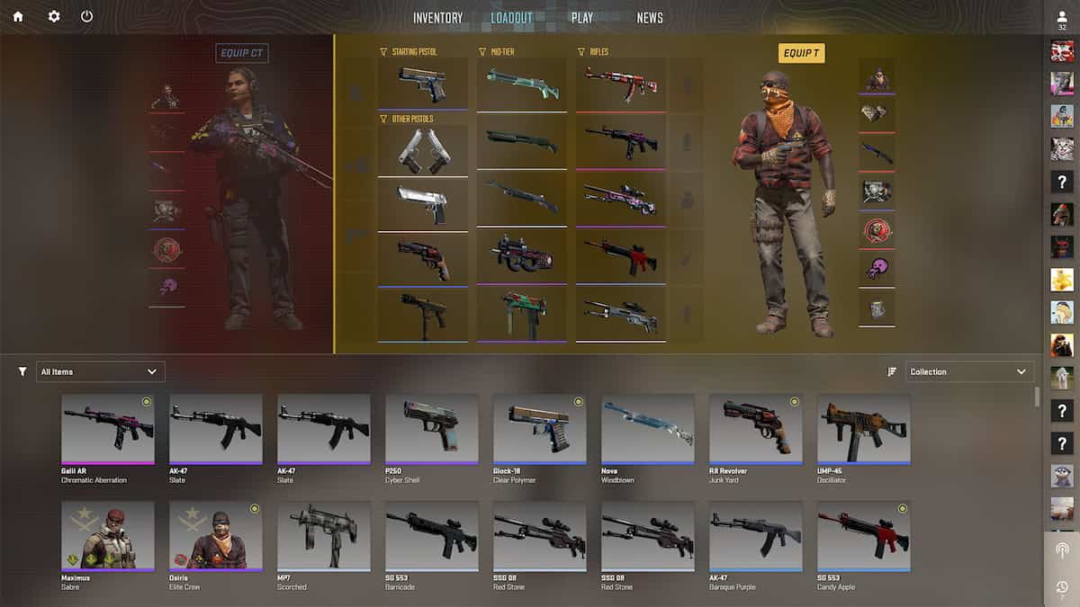 Image of the Loadout menu with weapons and skins in CS2.