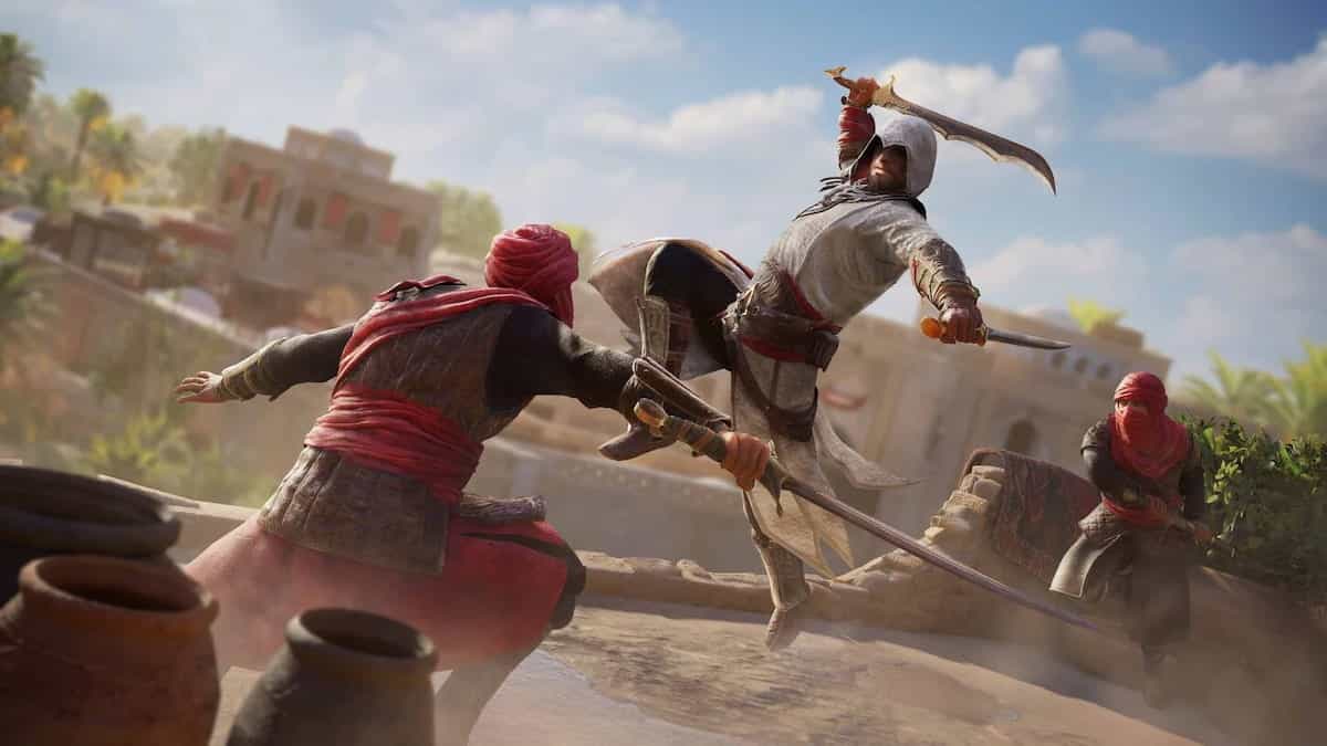 Image of Assasins Creed Mirage character Basim fighting and jumping with sword.