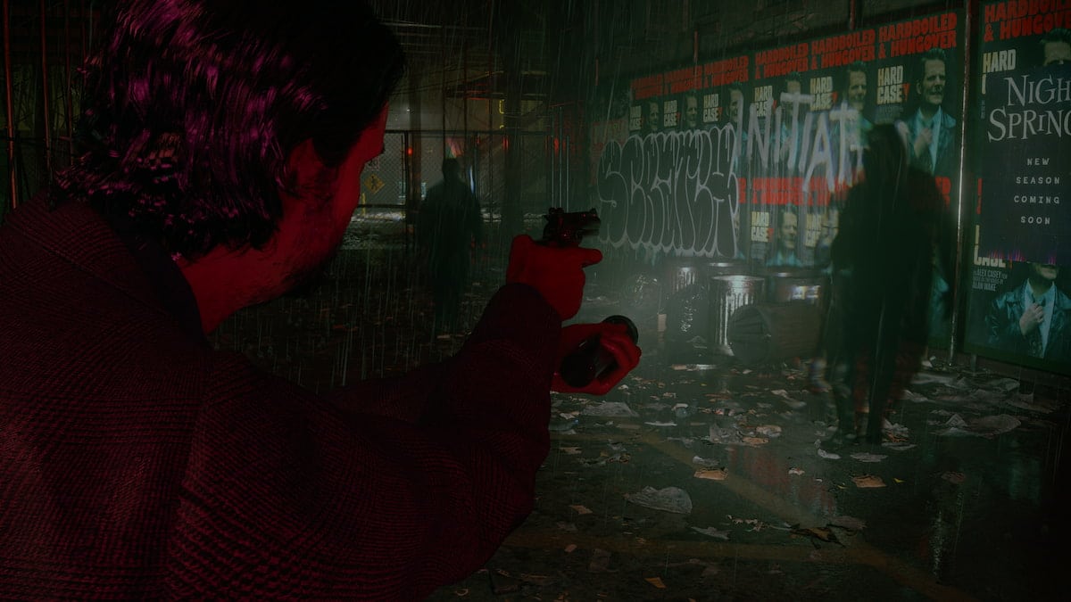 Alan Wake 2 Alan pointing a gun at a shadow