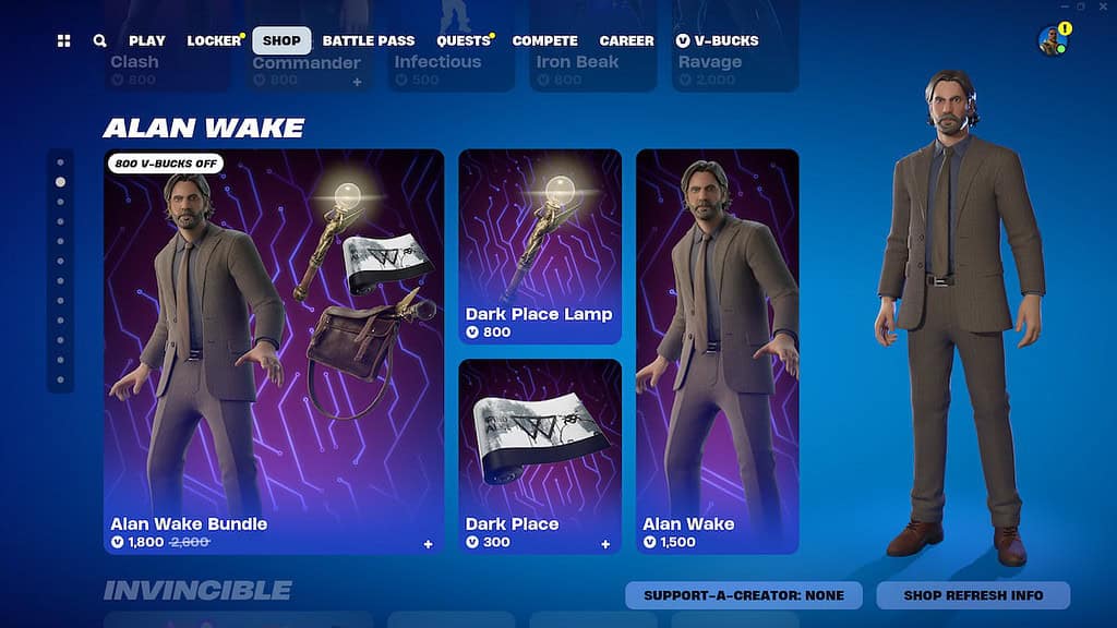 Fortnite Alan Wake bundle and cosmetics in the shop