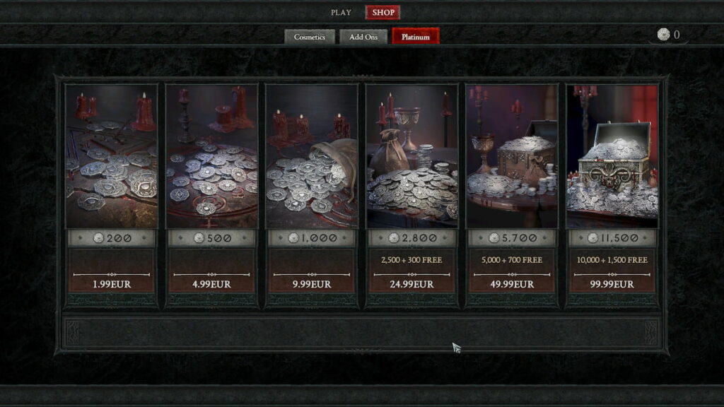 Diablo 4 image of Platinum shop and pricing.