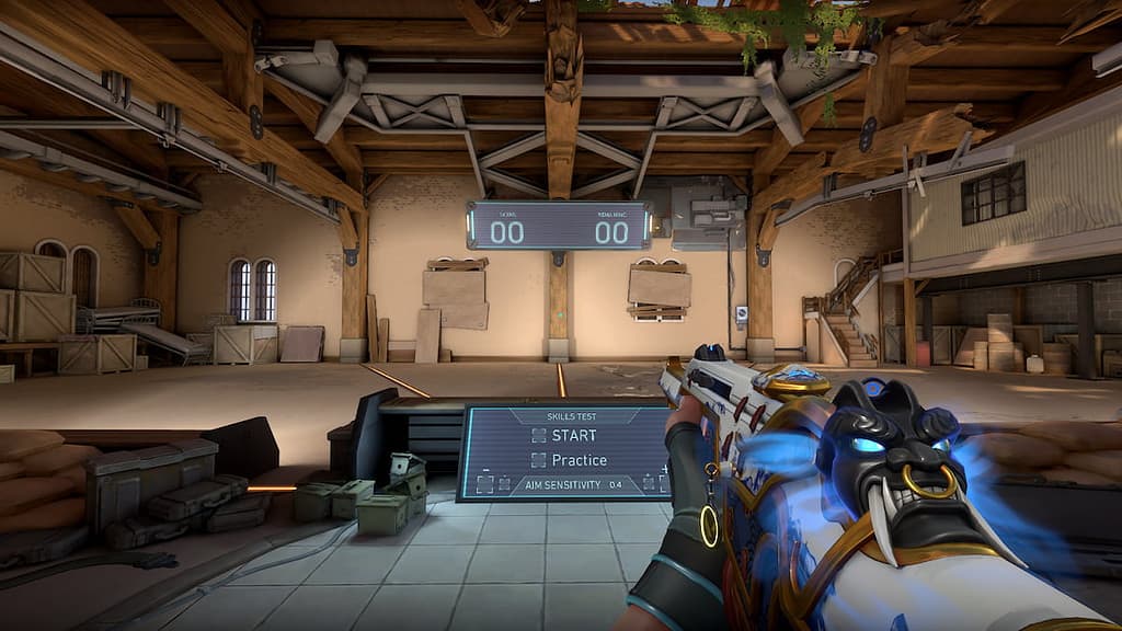 Image of a Valorant player in the target practice mode. With a Custom Skin on the Phantom Rifle.