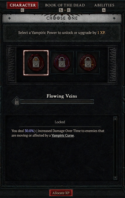 Diablo 4 Vampiric Powers Upgrade screen