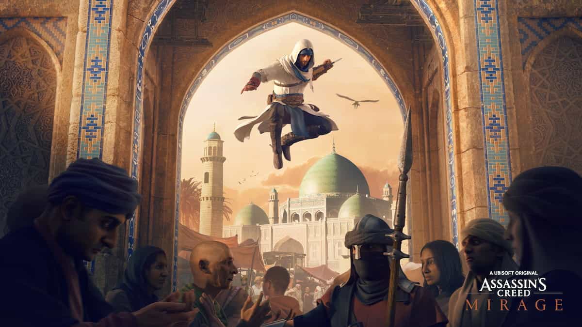 Image of Assassin from Assassin's Creed Mirage jumping over a crowd in Baghdad.