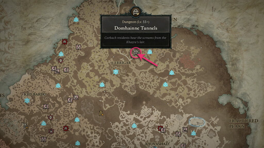 Image of the Diablo 4 map showing the entrance to Domhainne Tunnels dungeon.