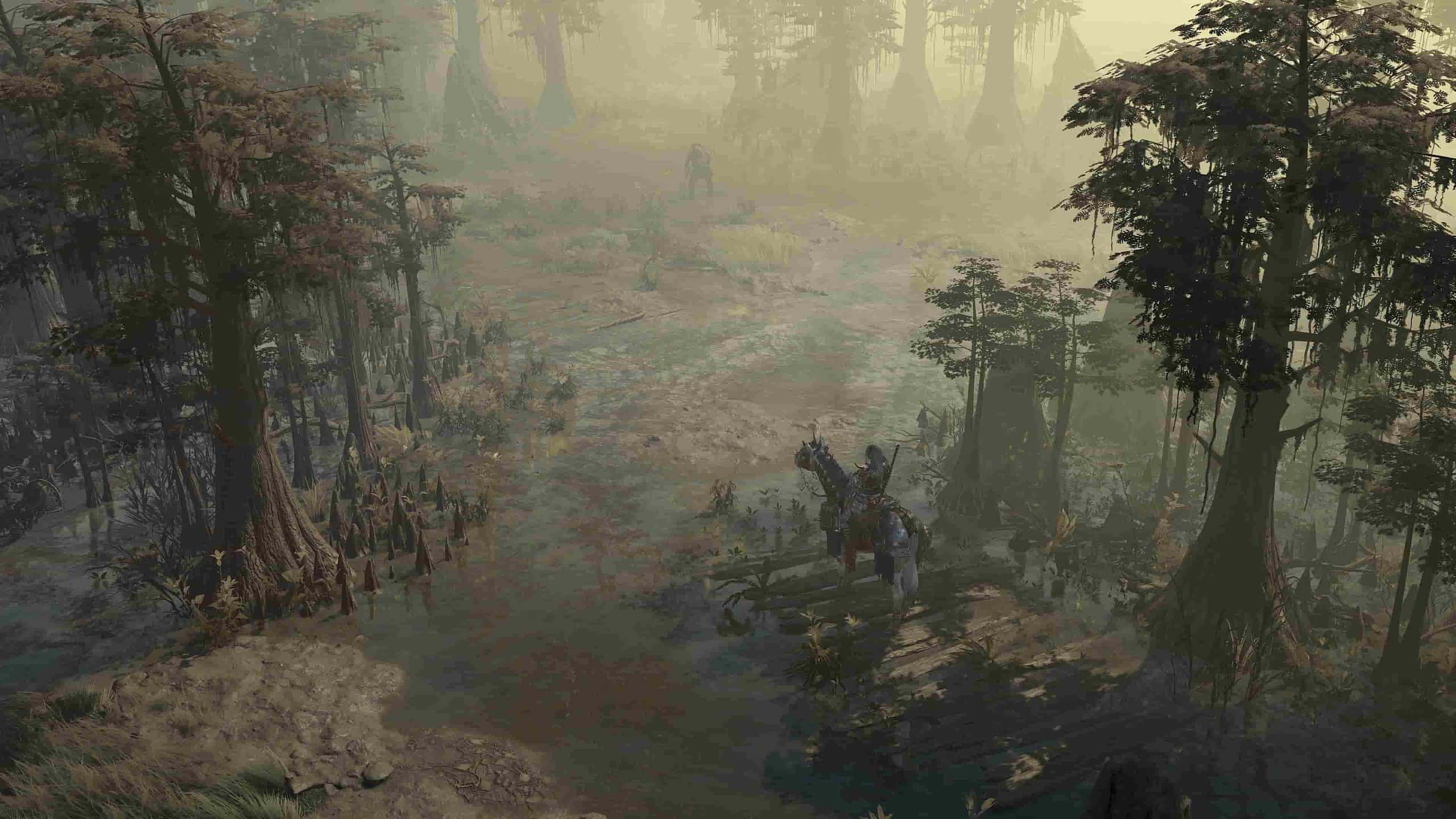 Diablo 4 a character riding a horse in the swamp