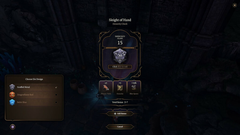 Baldur's Gate 3 image of a dice roll and available skins