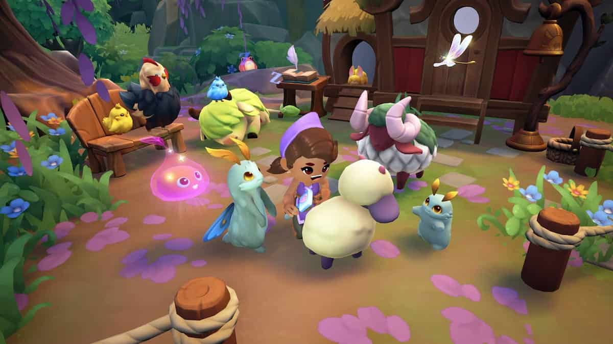 Image of the character surrounded by animals in Fae Farm