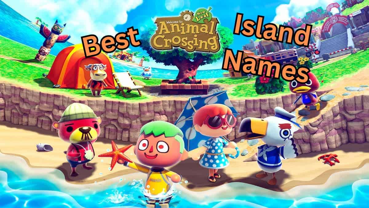 An image of Animal Crossing characters on the beach with one in the water holding a starfish, with Best Animal Crossing Island Names written