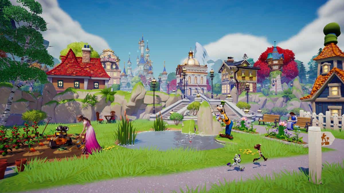 Goofy- Buzz, Woody, and the player gather in Disney Dreamlight Valley