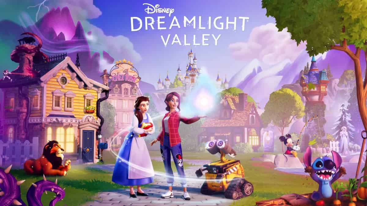 Player stands with Disney characters in official Disney Dreamlight Valley art