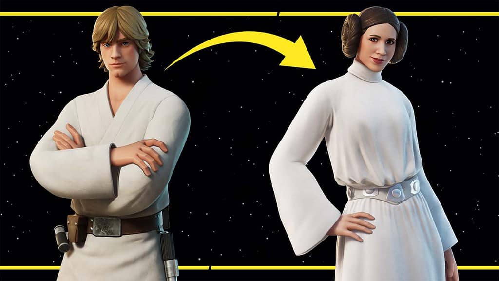 An image of Star Wars x Fortnite crossover, featuring Princess Leia and Luke Skywalker.