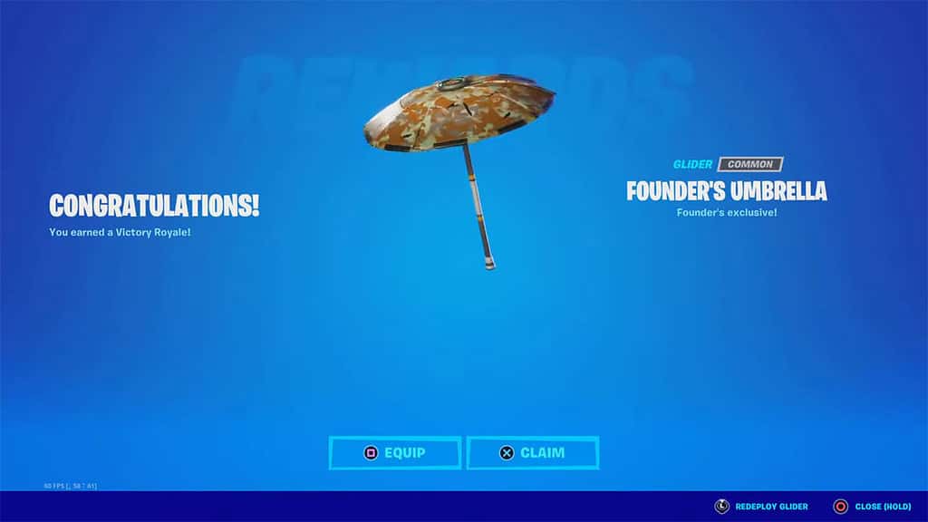 Image of the Founder's Umbrella in Fortnite, highlighting the reward screen.