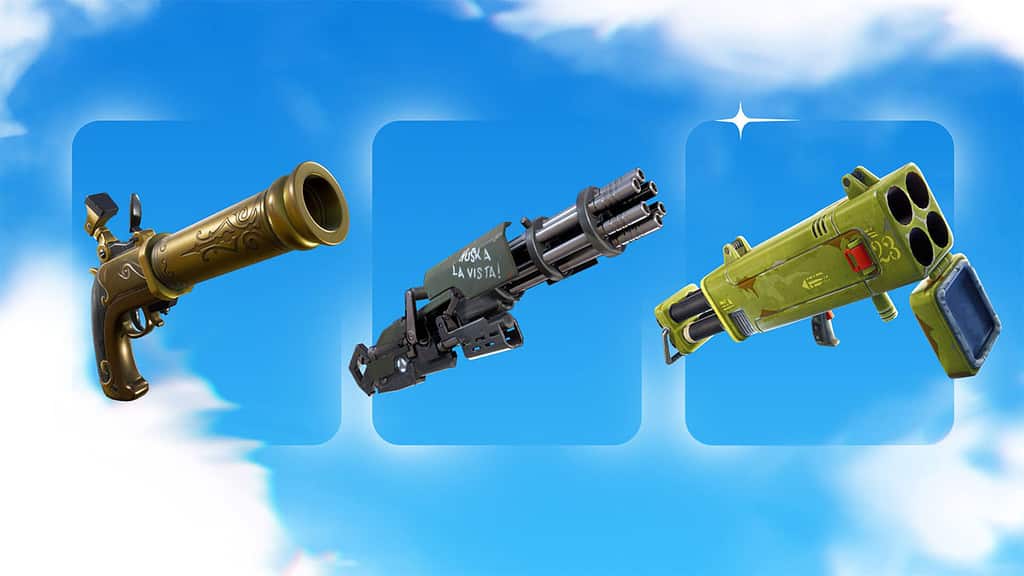 An image of unvaulted weapons in Fortnite OG, including the Double Barrel Shotgun, Clinger, and Six Shooter.