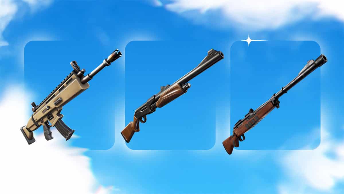 An image of unvaulted weapons in Fortnite OG, including the Assault Rifle, Pump Shotgun, and Hunting Rifle.