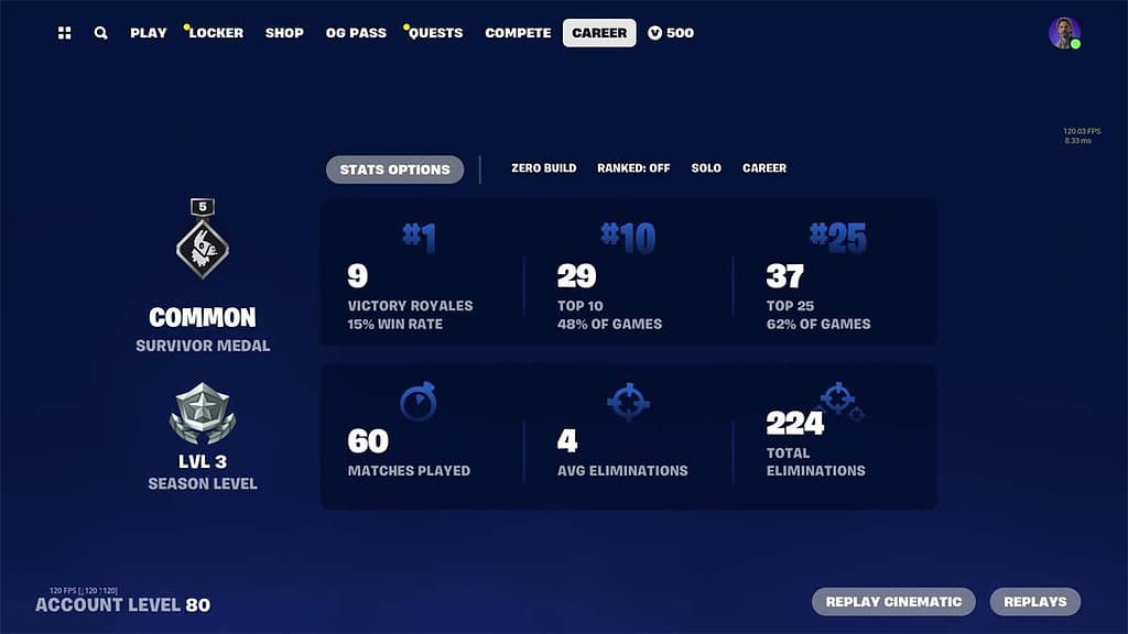 An image of Career screen in Fortnite, featuring multiple stats from previous seasons.