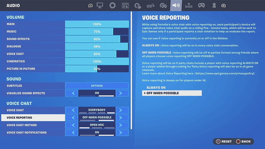 Image of the audio menu in Fortnite, highlighting the voice reporting options.