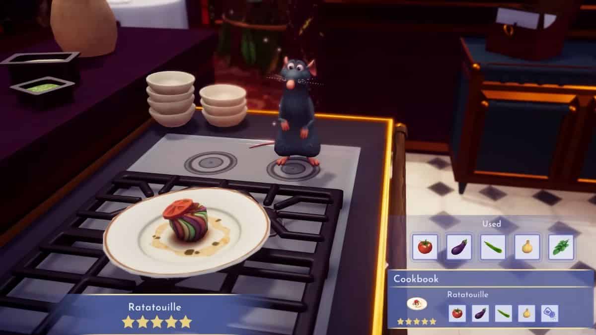 Remy and the player make Ratatouille with ingredients from recipe list in Disney Dreamlight Valley