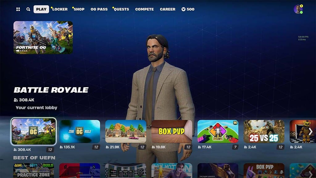 Image of the main menu in Fortnite, highlighting the Fortnite OG mode.